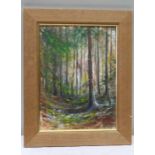 An oil painting of a woodland signed