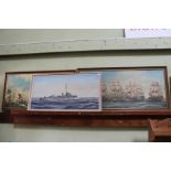 Geoff Shaw, two oil on board naval studies, signed, together with a print of a naval battle