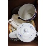 A box of domestic pottery various, to include a Villeroy & Boch lidded casserole