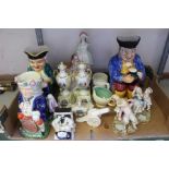 A box of assorted ceramics, to include 19th century Staffordshire, a fairing, Toby jugs, etc.