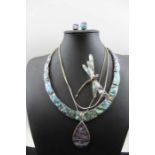 A silver abalone shell inset necklace, dragon fly brooch pendant,