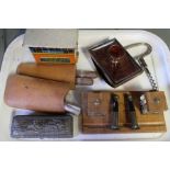 A quantity of collectables, includes; writing stand, rocker blotter, corkscrew, tin plate signal box