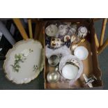 A box containing Oriental porcelain bowls, hand painted tin tray, & a chromed