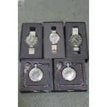 A pair of new and unused pocket watches sealed together with three special edition watched new unuse