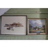 Two framed oil paintings one fishing port the other a south African dwelling
