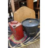 A solid oak toilet seat together with a lidded ash pail & a red finished fuel can
