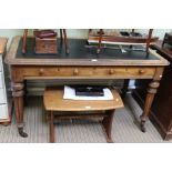 A late 19th century oak writing table, having skiver top, two inline drawers,