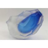 A 20th century studio glass vase of frosted faceted form, with blue tinted liner