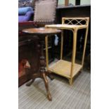 Bamboo two tier side table together with a small mahogany wine table