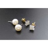 A pair of gold & diamond stud earrings together with a pearl pair of stud earrings