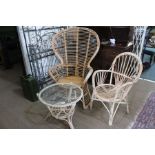 Cane high back chair, low back cane chair & circular glass topped coffee table
