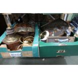 Two boxes of useful and collectable items, to include Marcus 3D plaques, Verdigris boot scraper,