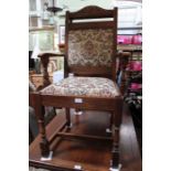 Six old charm dining chairs, with upholstered back and seat pads, four singles, two carvers