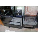 Two modern single drawer mirrored glass bedside tables together with a matching three drawer chest