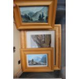 A crate containing a selection of small sized pictures & prints