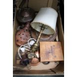 A box of domestic metal wares various, and a wooden Bronnley branded box