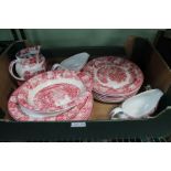 0th century red & white transfer decorated part pottery dinner service