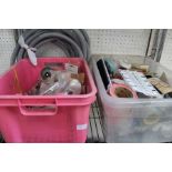 Two plastic crates containing lighting and DIY tools & accessories