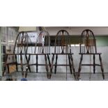 A set of four tall hoop & stick back solid seated kitchen chairs, stamped W.W.