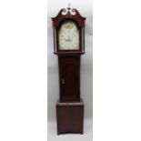 A mahogany long case clock, the hood with swan necks & fitted finial