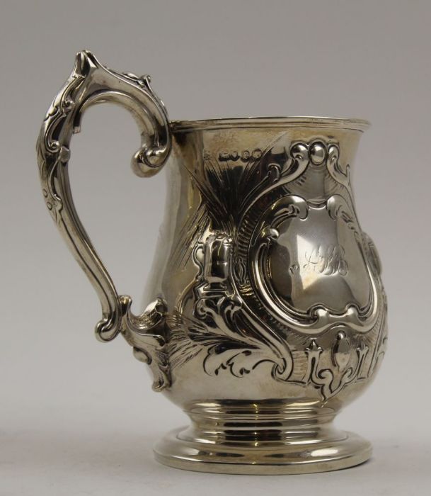 A Victorian "Harvest" mug decorated with sickle, rake, and wheatsheaf, London 1860, 202g