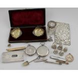 Henry Williamson Ltd. An Edwardian silver card case, London 1909, a pair of cased silver scallop fo