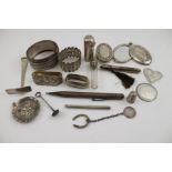 A collection of silver & white metal ware various, including a broad silver cuff bracelet, silver p