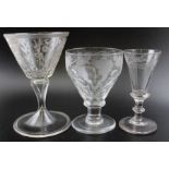 A collection of three various glasses, includes an 18th century spirit glass, with engraved bowl and