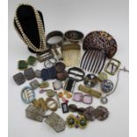 A collection of decorative buckles and costume jewellery, includes a pair of bright cut steel shoe