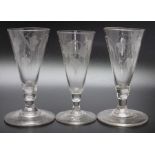 A trio of late 18th century short Ale glasses with engravings of Hops and Barley