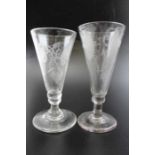 Two similar late 18th century short Ale glasses with engravings of Hops and Barley
