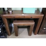 A modern wooden two drawer console table, together with matching single drawer lamp table