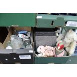 Two boxes of domestic items, to include kitchen wares, collectors plates, and cuddly toys