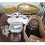 A Victorian style set of white kitchen scales together with weights, various