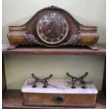 A large floral carved wooden cased chiming mantel clock, together with a Victorian, marble topped bo