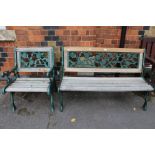 A green painted cast metal & wooden slatted two piece suite, bench & single chair