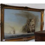 Marshall oil painting on canvas, "Man 'o' War" in battle, possibly Trafalgar, signed, gilt framed