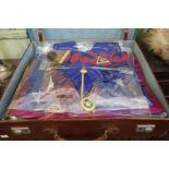 A large square tan leather masonic case containing Grand Lodge, Chapter aprons and regalia