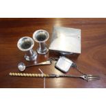 A small selection of silver items including a pickle fork, two trumpet vases, silver box, vesta & sp