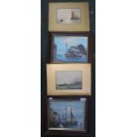 A pair of small fishing oils & pair of unframed watercolours of fishing