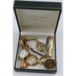 Four 9ct gold cased ladies wristwatches, one with fancy 9ct gold strap