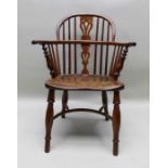 A 19th century provincial open armchair, yew & elm, low hoop back with pierced splat, turned support