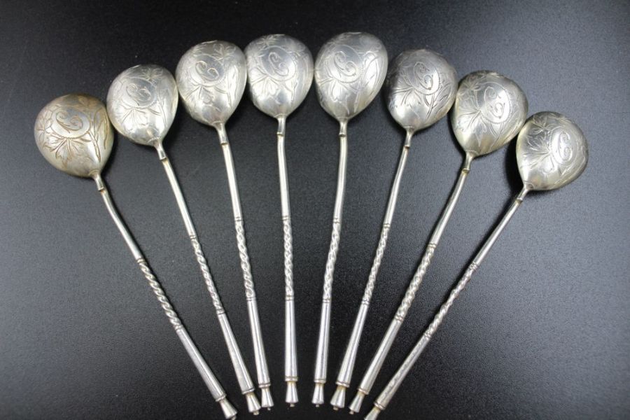 A set of eight Russian silver tea stirrers, engraved bowls with monogram "C" 84 mark combined weight - Image 7 of 8