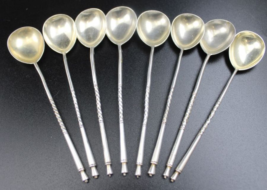 A set of eight Russian silver tea stirrers, engraved bowls with monogram "C" 84 mark combined weight - Image 5 of 8