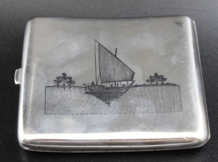 An Iraqi Niello white metal cigarette case, decorated with river scenes to either side, 8cm x 9cm, - Image 3 of 6