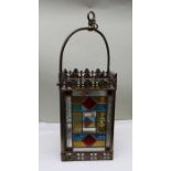 A 19th century brass framed, stained glass, hall lantern, 35cm high