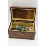 A 19th century mahogany box, contains items of costume jewellery including a cultural pearl necklace