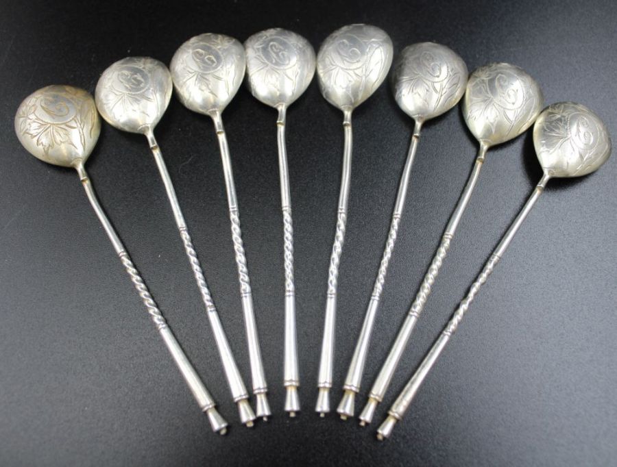 A set of eight Russian silver tea stirrers, engraved bowls with monogram "C" 84 mark combined weight - Image 6 of 8