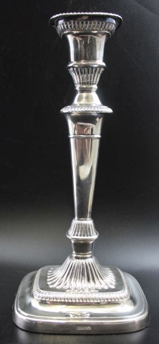 A pair of Victorian silver plated candlesticks, Adam design with gadroon borders - Image 8 of 10