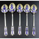Turner and Simpson Five silver enamel coffee spoons with graduated bell husks decoration, Birmingham